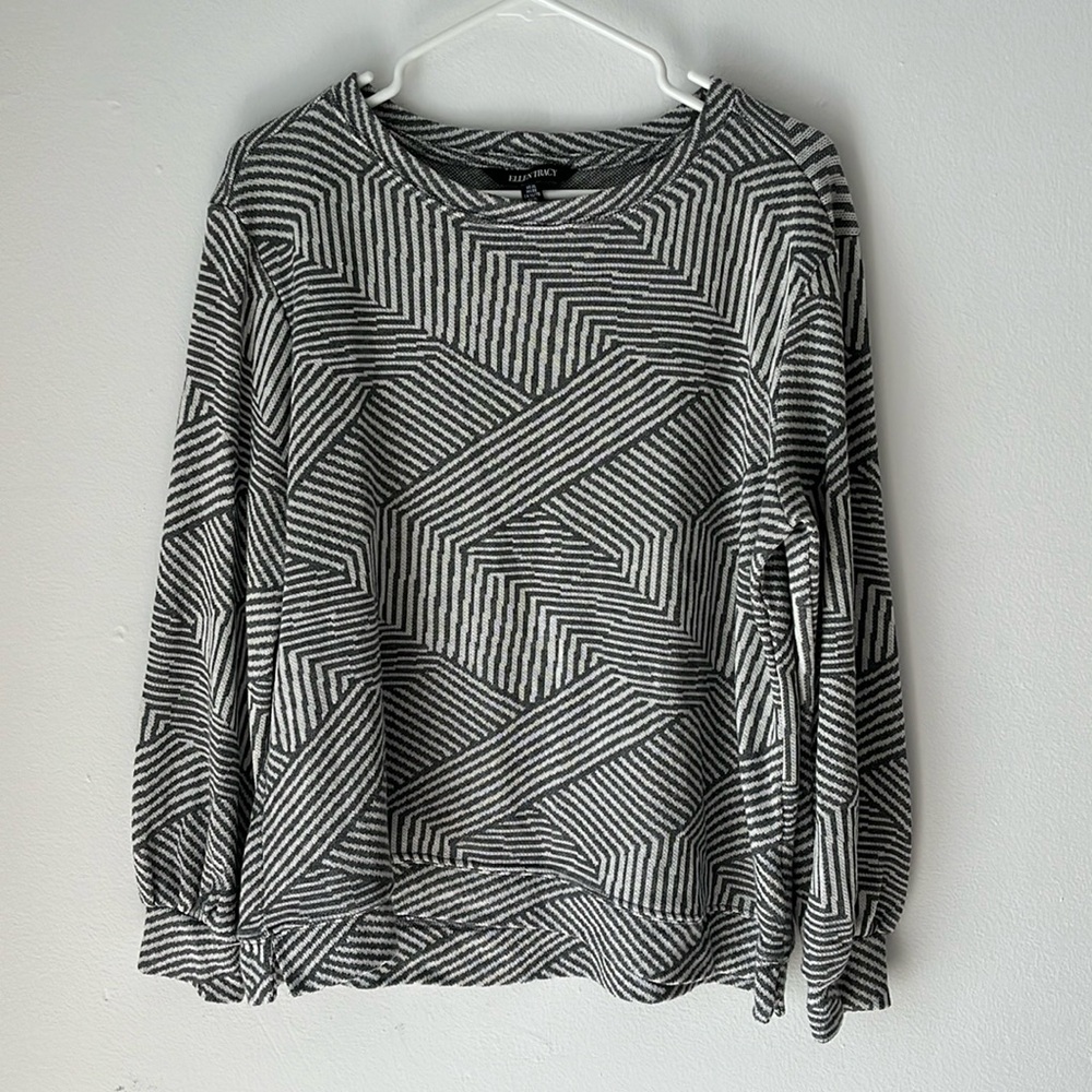 Ellen Tracy Jacquard Crewneck Sweater Top Gray Long Sleeve Lightweight Size XL